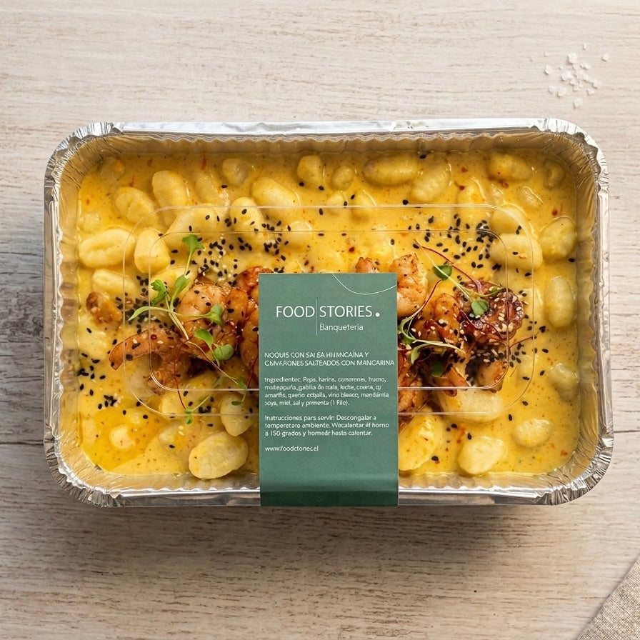 Ñoquis con salsa huancaína y camarones salteados con mandarina
