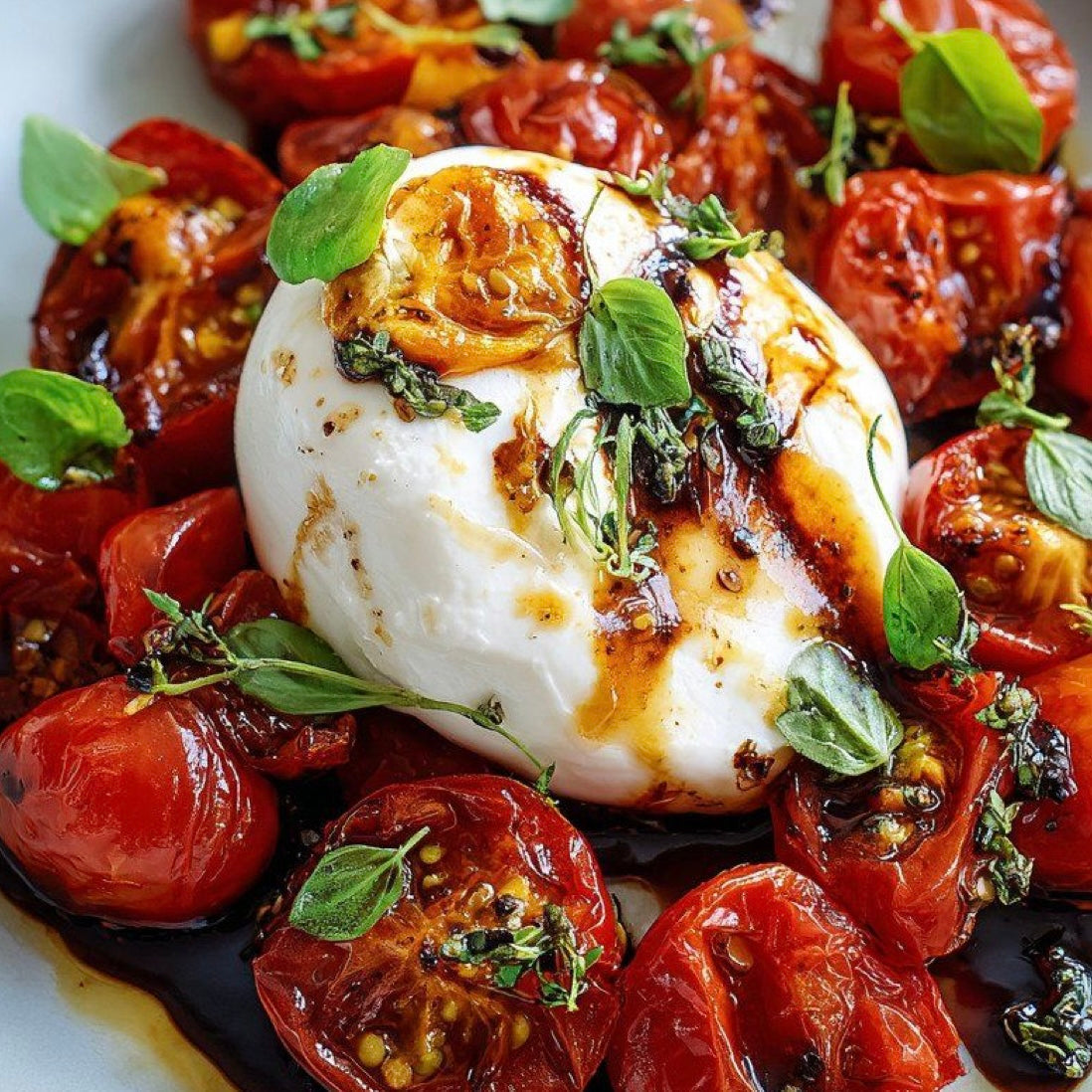 Queso Mozzarella de búfala con tomates asados y albahaca