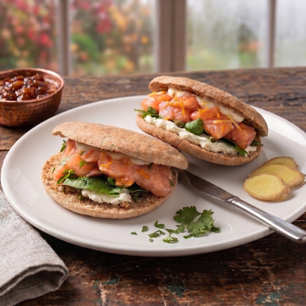 Sándwich en pan pita integral con salmón marinado en jengibre y mandarina, queso crema y cilantro