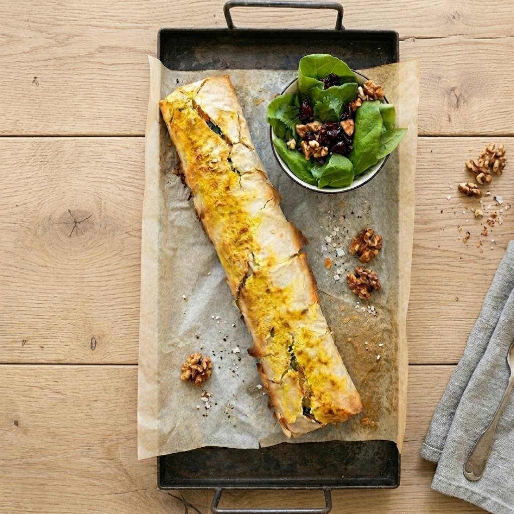Strudel de masa filo relleno con pollo Thai