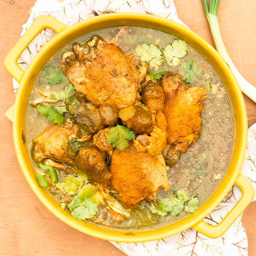 Pollo a la olla con curry y papa Topinambur