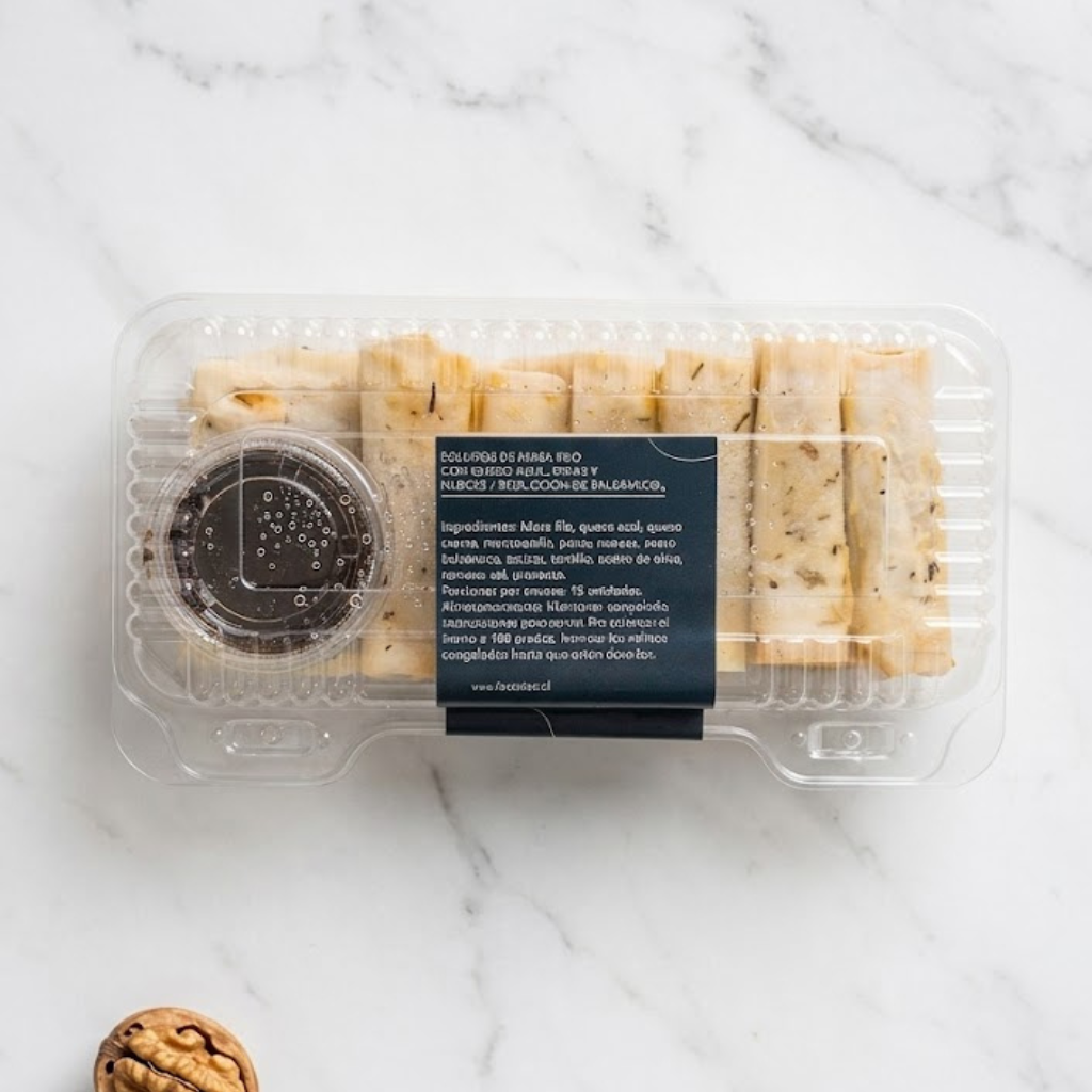 Rollitos de masa filo con queso azul, peras y nueces / Reducción de aceto