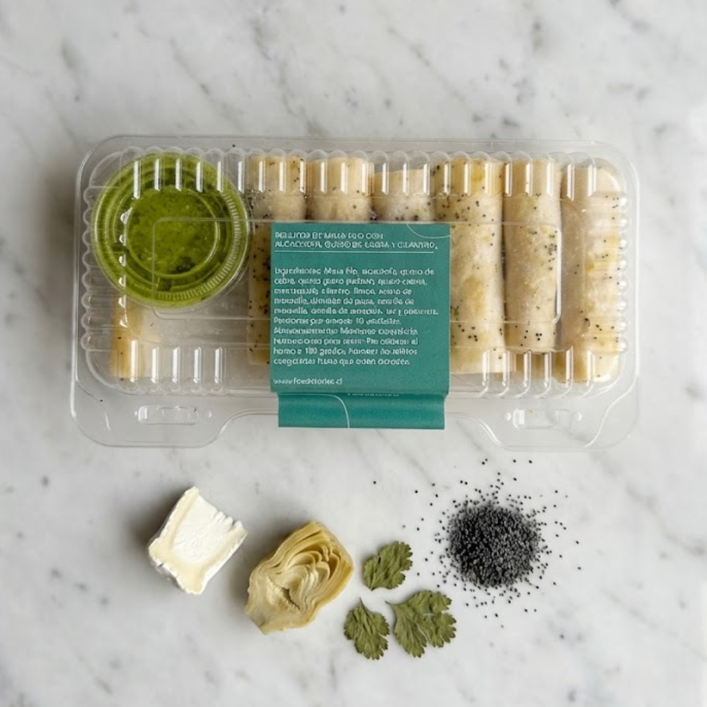 Rollitos de masa filo con alcachofa, queso de cabra y cilantro