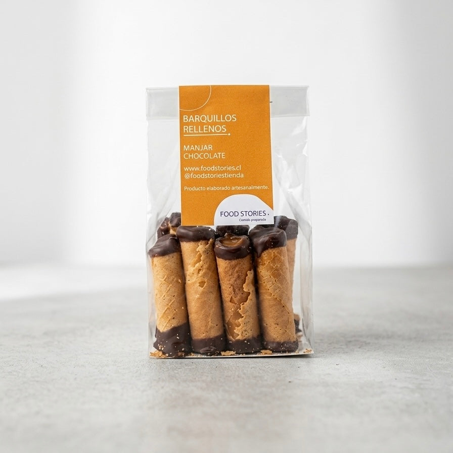 Mini barquillos artesanales con manjar y chocolate