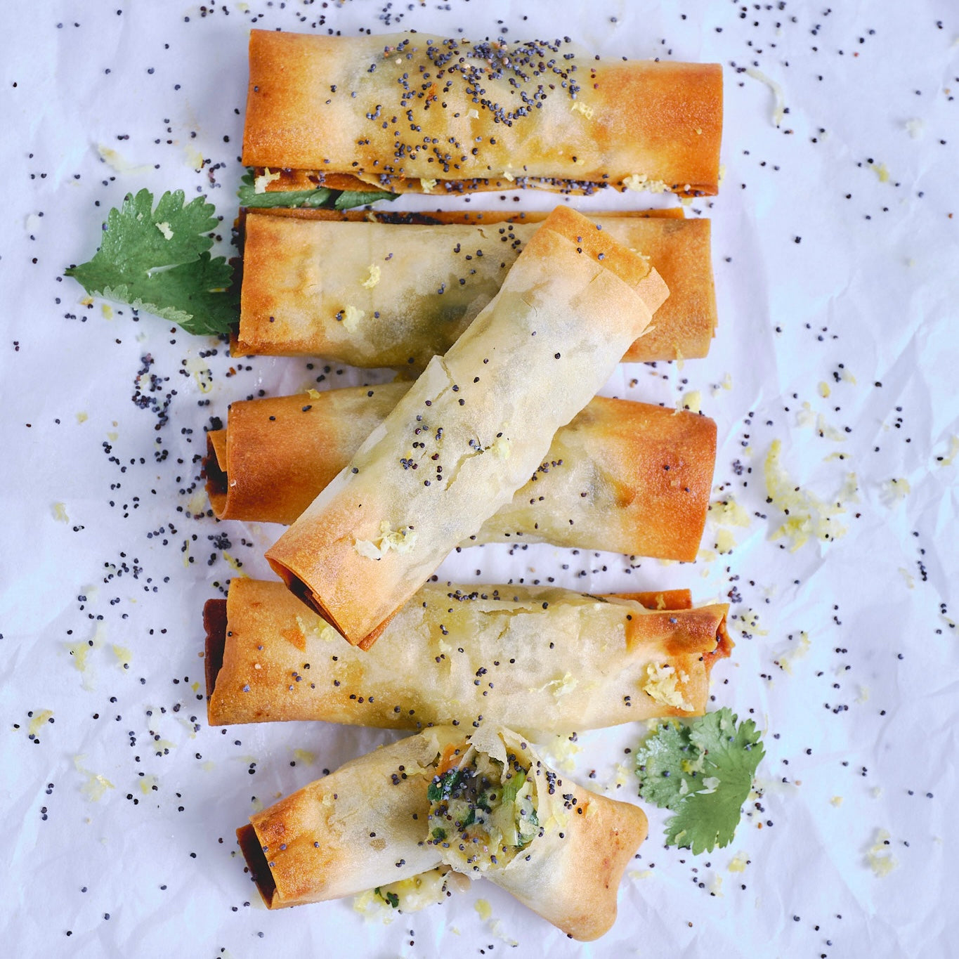Rollitos de masa filo con alcachofa, queso de cabra y cilantro