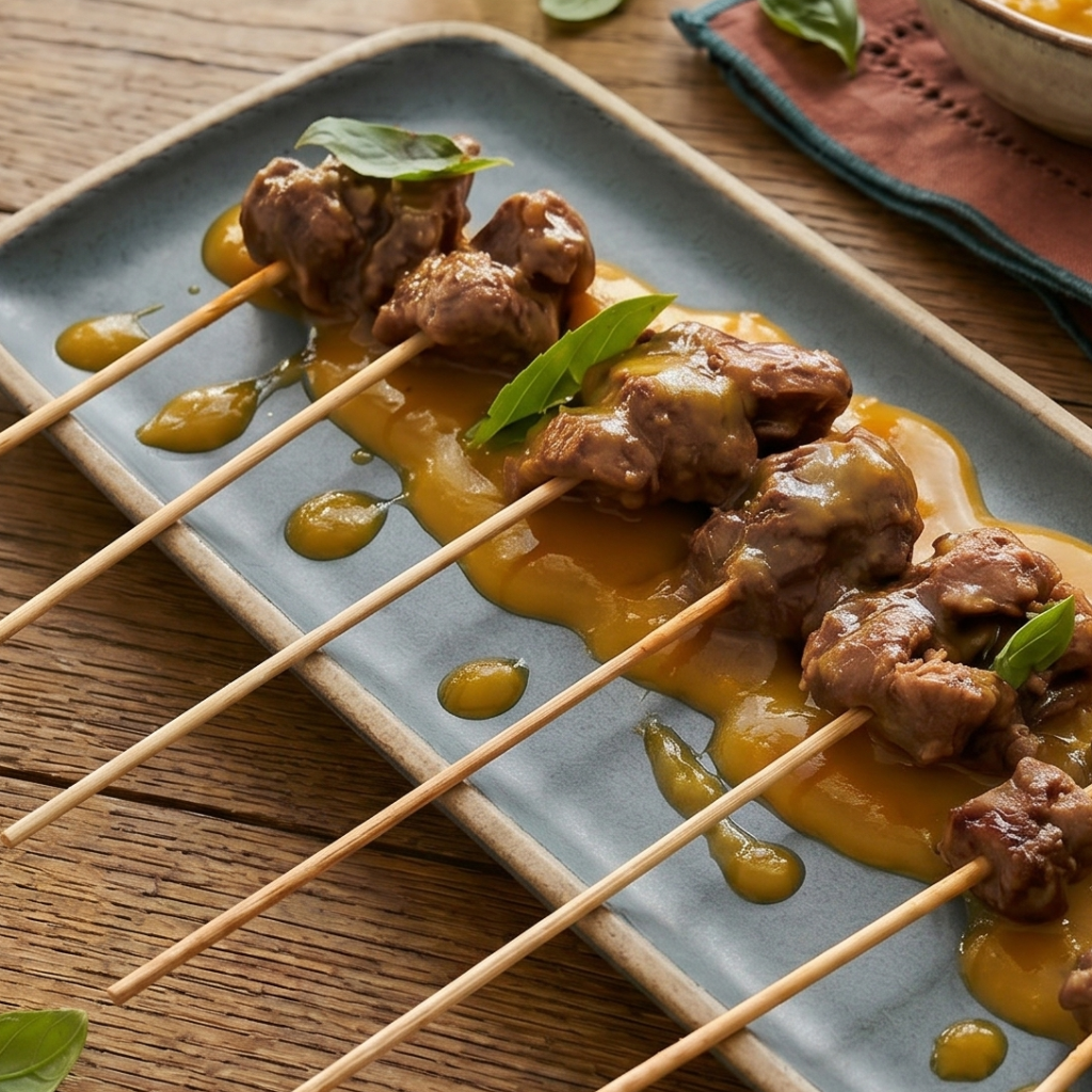 Brochetas de filete con salsa de naranja