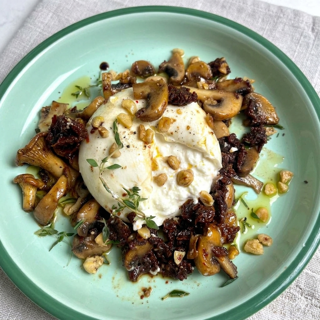 Burrata con setas y aceite de trufa