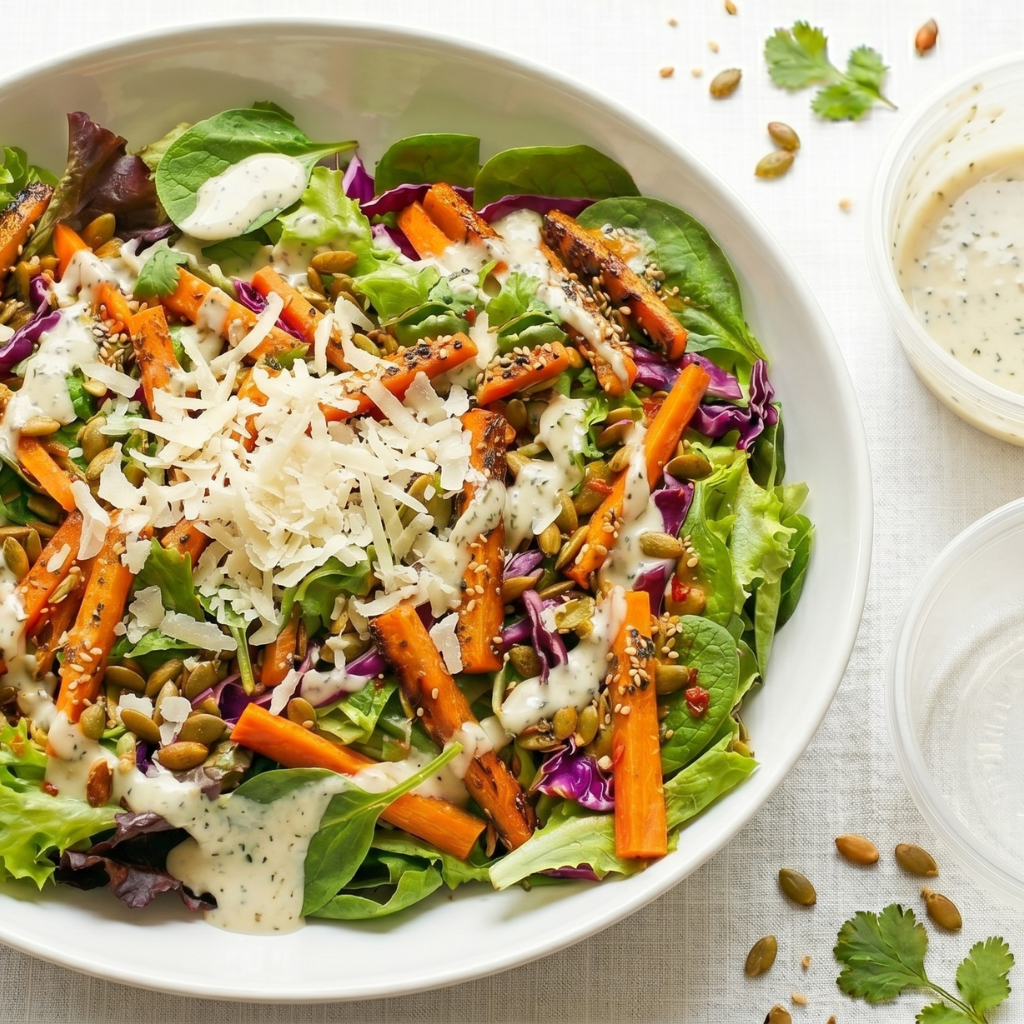Ensalada de zanahorias thai, queso de cabra y semillas con aliño de yogurt y miel