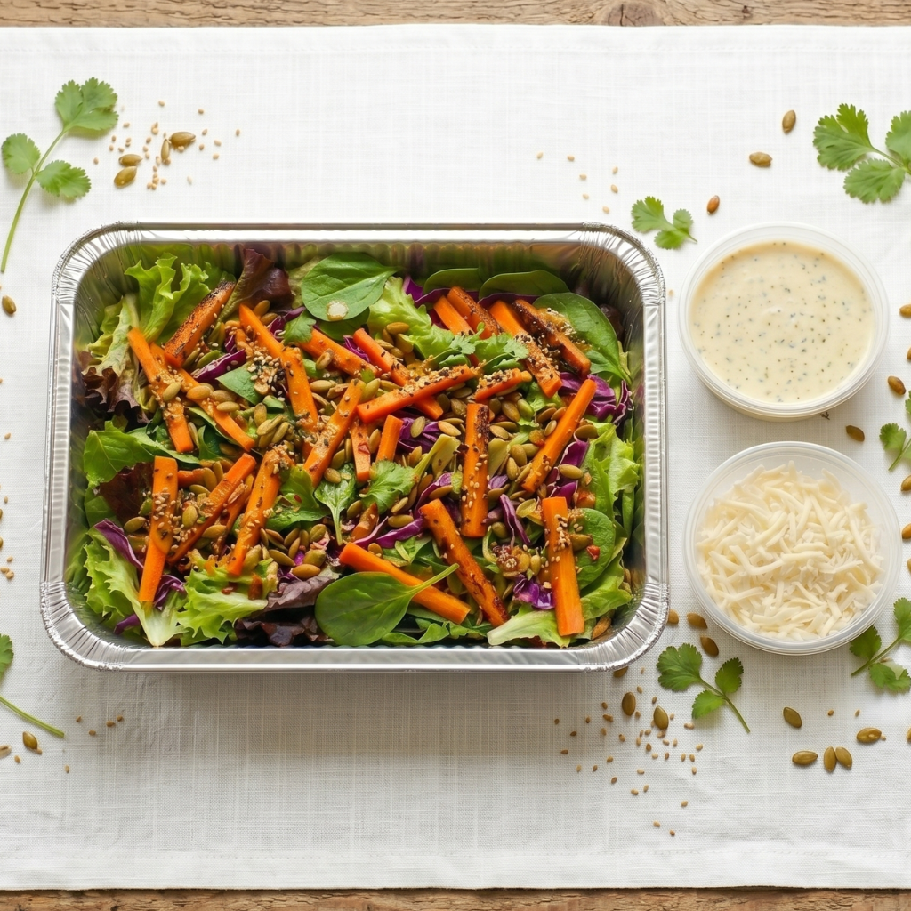 Ensalada de zanahorias thai, queso de cabra y semillas con aliño de yogurt y miel