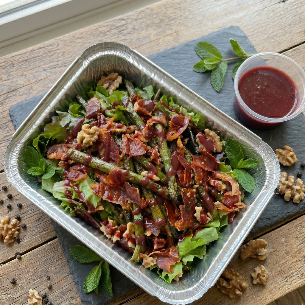 Ensalada verde con espárragos salteados, jamón serrano crocante, nueces acarameladas y aliño de moras y oporto