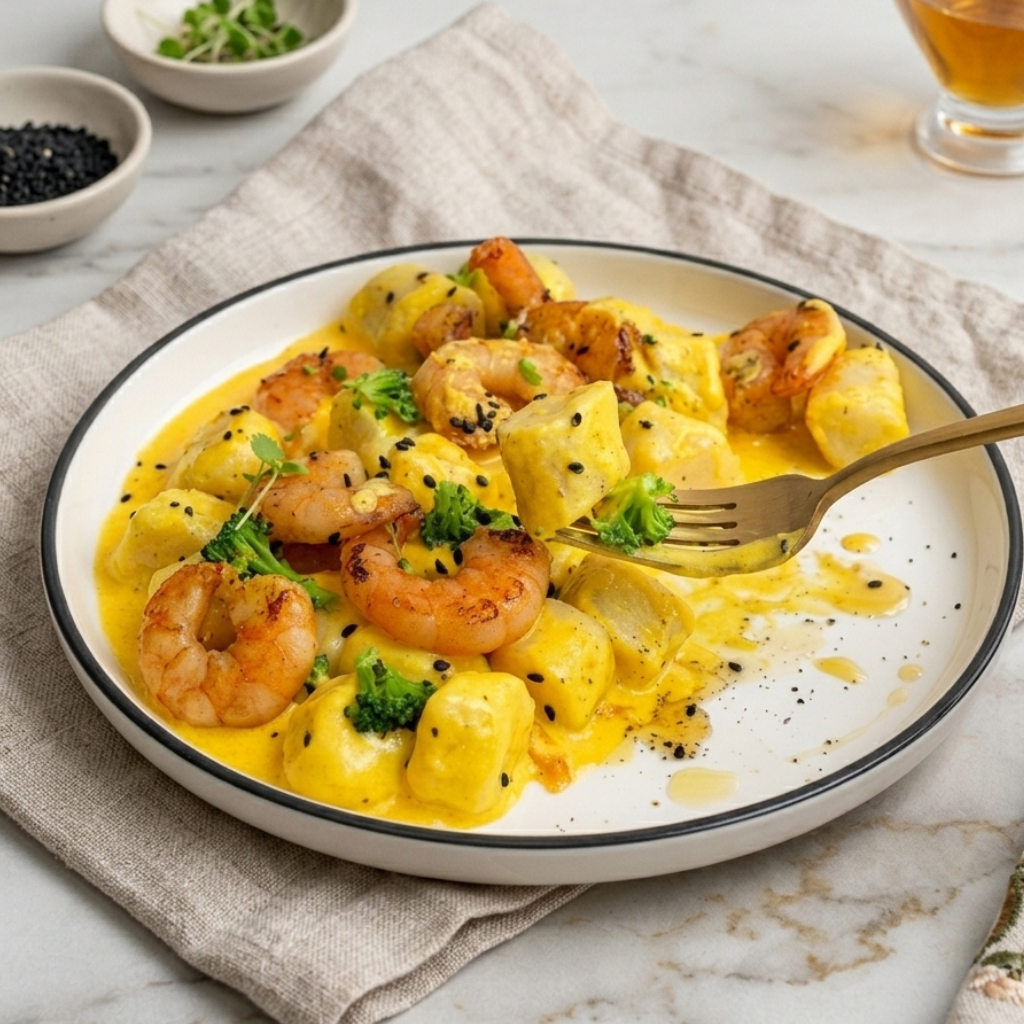 Ñoquis con salsa huancaína y camarones salteados con mandarina