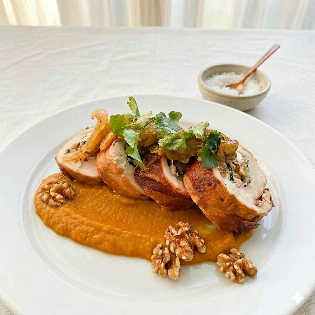 Pollo relleno con manzana y cebolla envuelto en jamón serrano