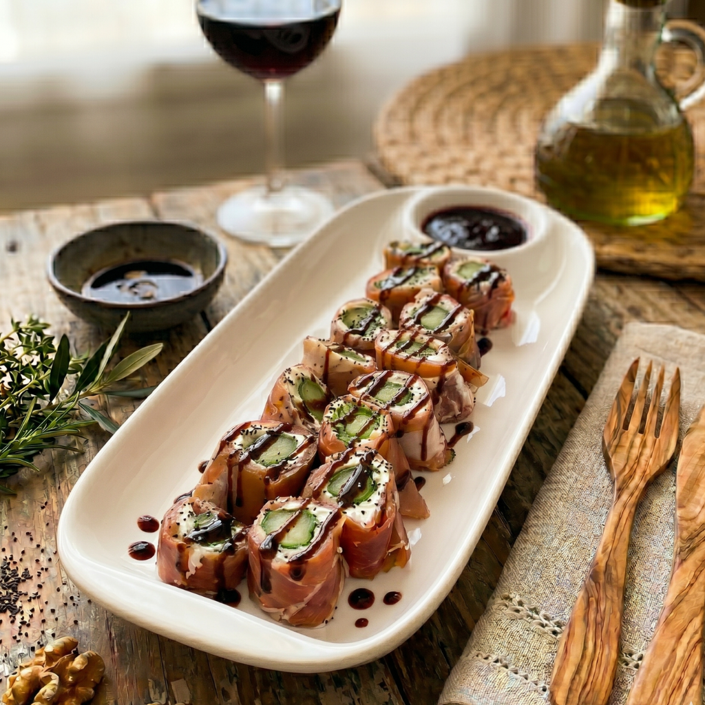 Rollos de jamón serrano con espárragos, queso crema y salsa de moras y Oporto