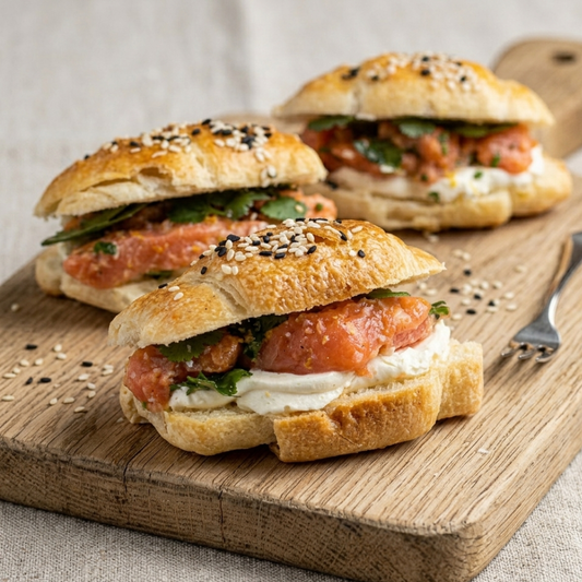 Sandwich en pan de hoja con salmón marinado en mandarina, cilantro y queso crema