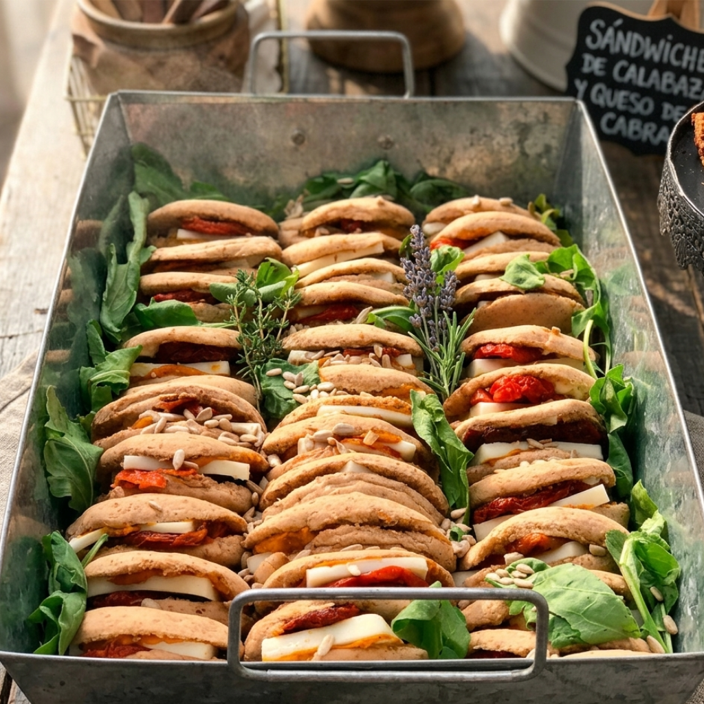 Sandwich en pan pita integral con pasta de zapallos asados, nueces, queso de cabra y rúcula