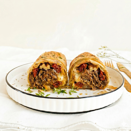Strudel de masa filo con carne mechada, queso, tomate deshidratado y cebolla acaramelada