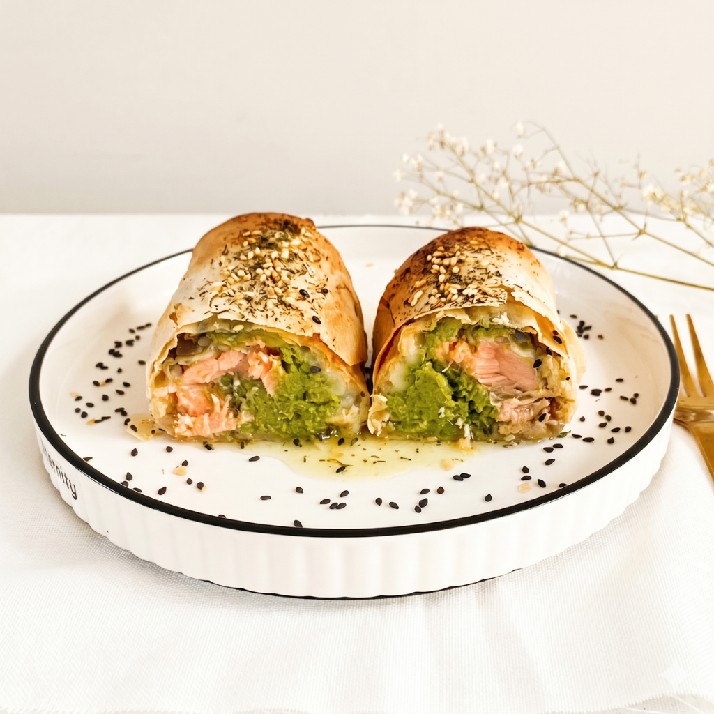 Strudel de masa filo relleno con salmón, puré de arvejas y menta