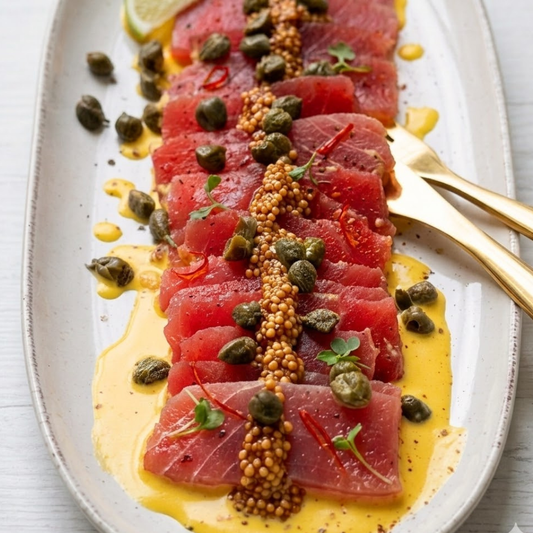 Tiradito de atún con salsa huancaína, mostaza encurtida y alcaparras fritas