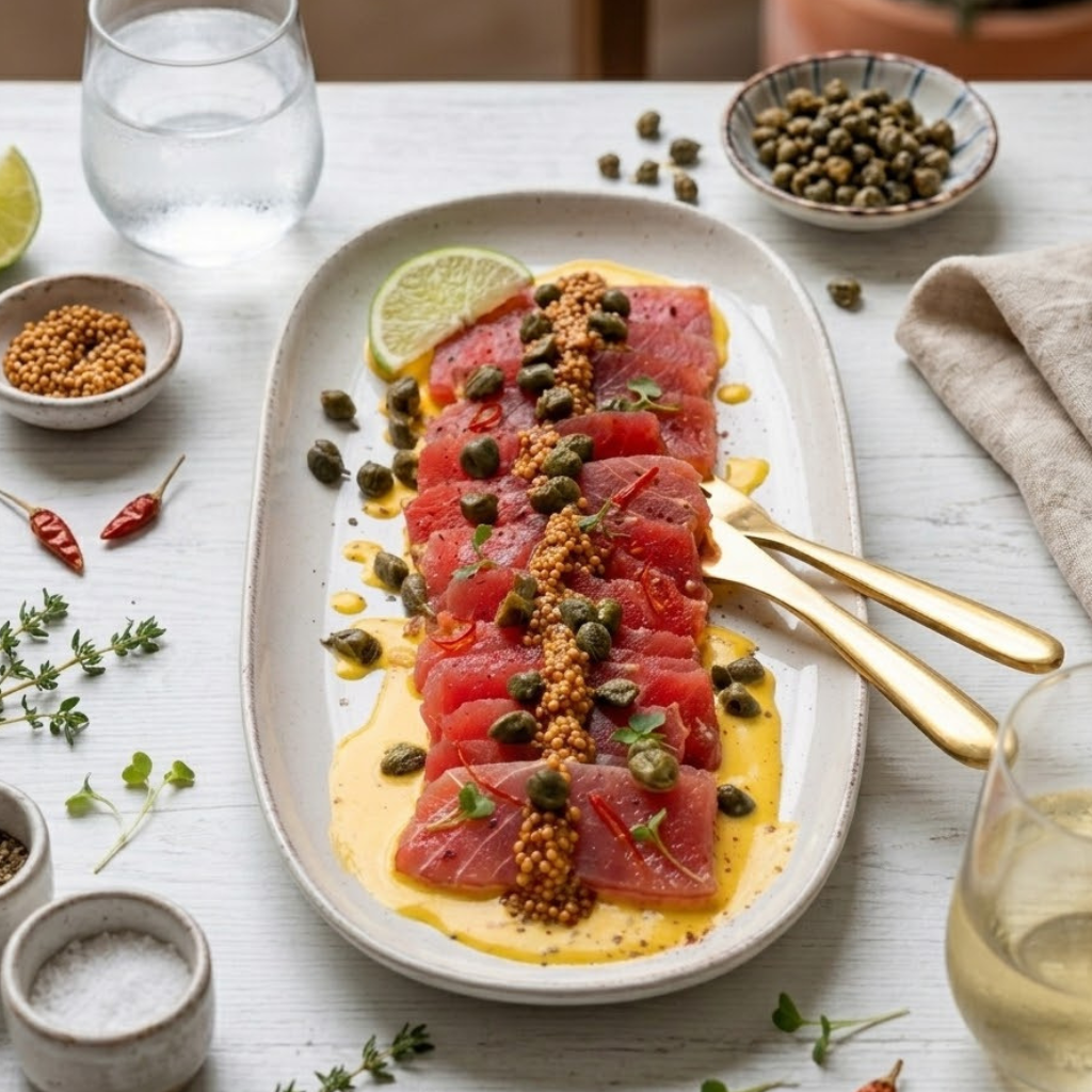 Tiradito de atún con salsa huancaína, mostaza encurtida y alcaparras fritas